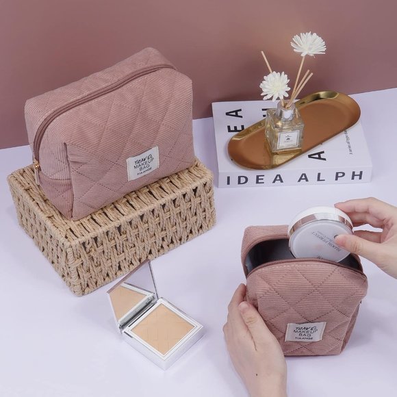 MAANGE Women Cosmetic Purse Corduroy Makeup Pouch Cute Makeup Bag Coffee 2Pcs - Picture 5 of 6